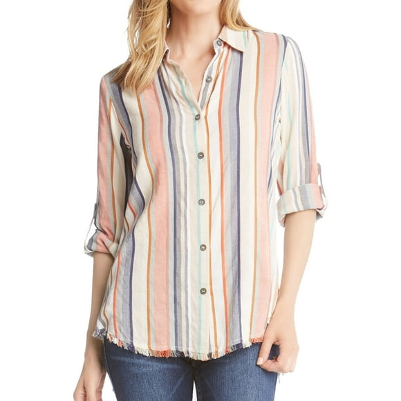 Karen Kane Womens Fringe-Hem Button Up Shirt, Multicoloured, Medium