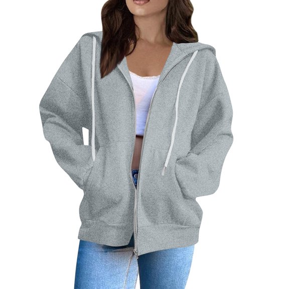 Resicozy Zip Up Hoodie Women Oversized Long Sleeve Sweatshirts Comfy Lightweight Y2k Jackets Loose Fit Hooded Sweatshirt Light Gray L