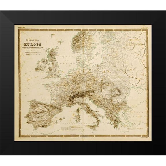 Vintage Maps 13x12 Black Modern Framed Museum Art Print Titled - Mountain Systems of Europe