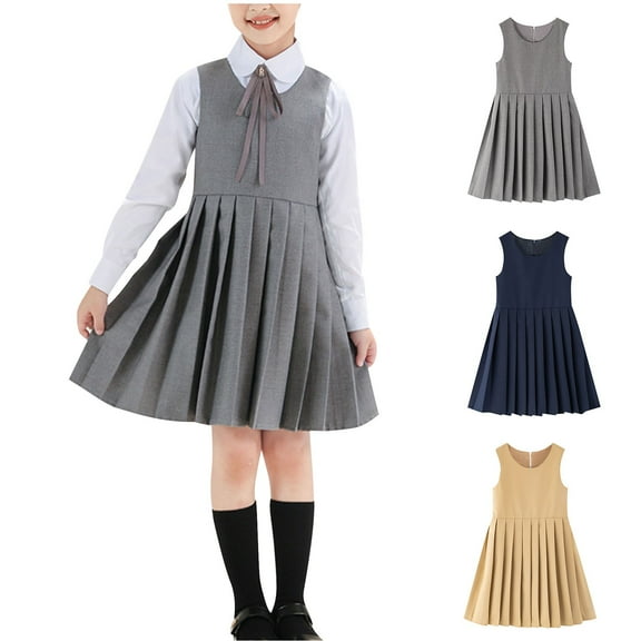 APEXFWDT Girls School Uniform Jumper Dress Kids Knee Length Sleeveless Pleated Dress Kids Girls' Casual School Uniform Dress 3-14 Years