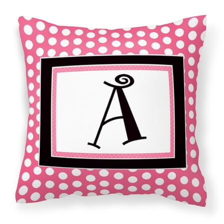Letter A Monogram - Pink Black Polka Dots Fabric Decorative Pillow