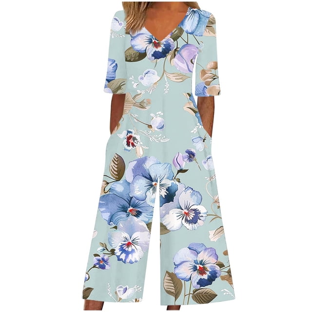 Pantalones de Vestido Casual para las Mujeres Impresión Floral Manga Corta con Cuello en V Cremallera Lateral Bolsillo Pantalones de Sudadera para Primavera Verano