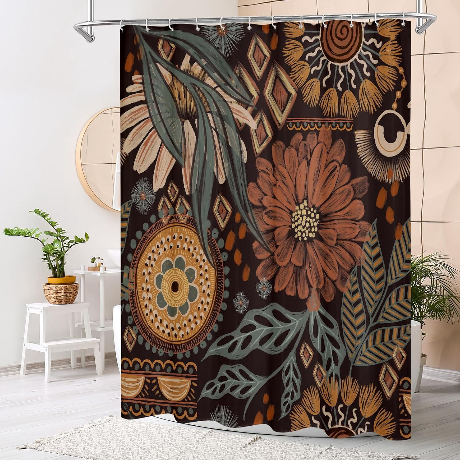 Extra Long Boho Floral Shower Curtain 72 x 84, Vintage Flower Shower Curtain, XL Rustic Shower Curtains for Elegant Bathroom Decor, Bohemia Tropical Leaves Shower Curtain