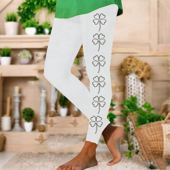 Clover Outline Print High Waisted Leggings for Women Stretchy Yoga Trousers Tummy Control Sports Bottoms St. Patrick's Day Activewear