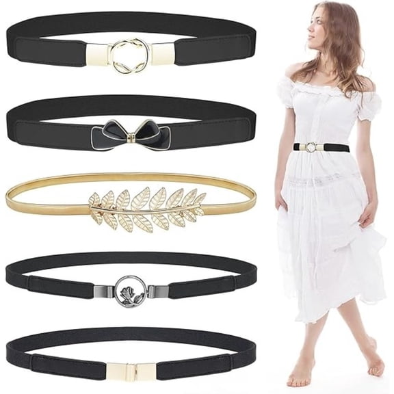 5-Pack Stretch Skinny Belts for Women, Elastic Waistbands with Fashion Buckles, Plus Size Belts for Dresses and Seasonal Outfits