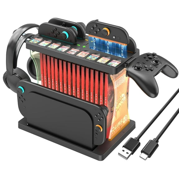 RGB Games Organizer Station with Controller Charging Dock for Switch 2 Joycon, Multifunctional Display Rack Holder Storage 16 Games Discs, 9 Game Cards, 2 Pro controllers and Console Dock
