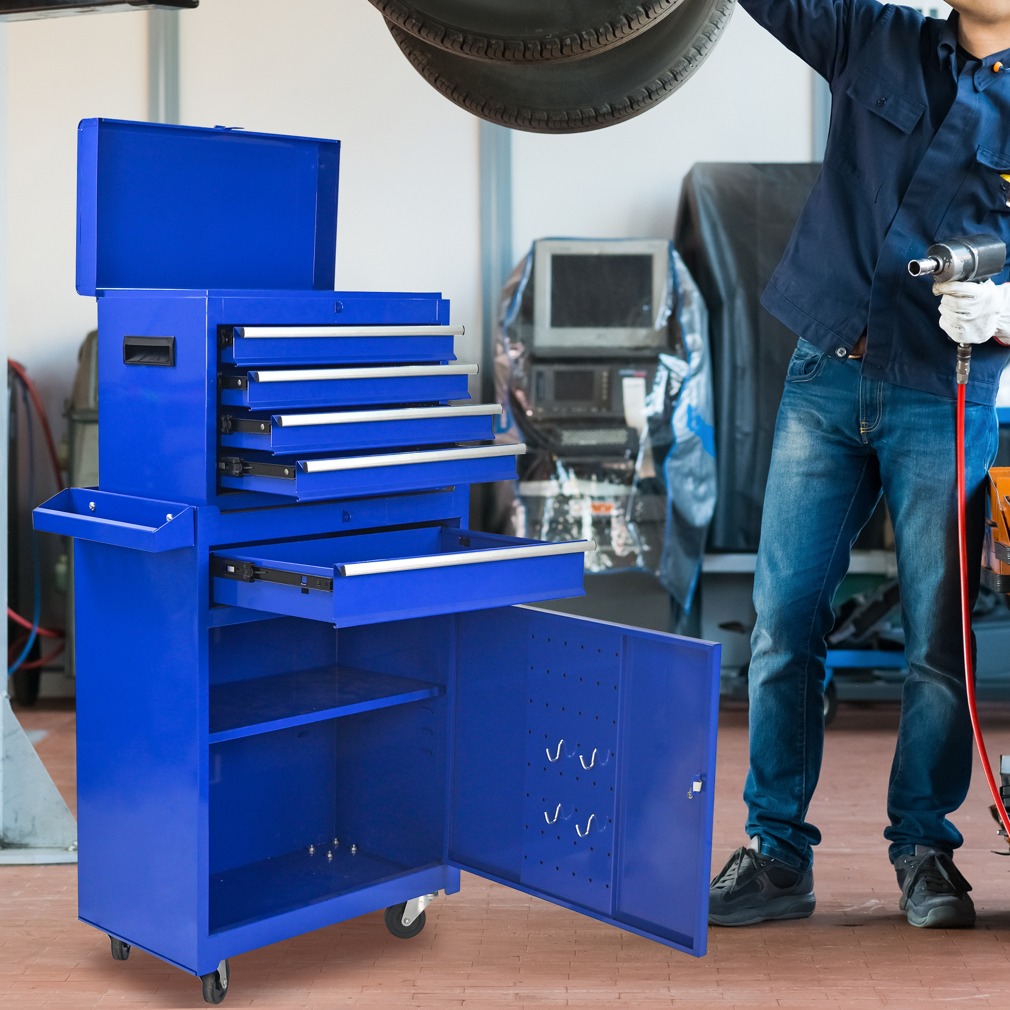 5-Drawer Rolling Tool Cabinet,Tool Chest on Wheels with Keyed Locking System and Drawer Liners,Tool Chest with Link Buckle for Warehouse and Garage