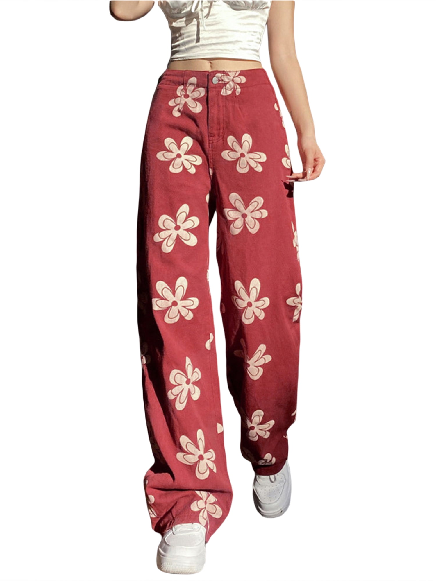 High Waist Buckle Trousers Flower Print 