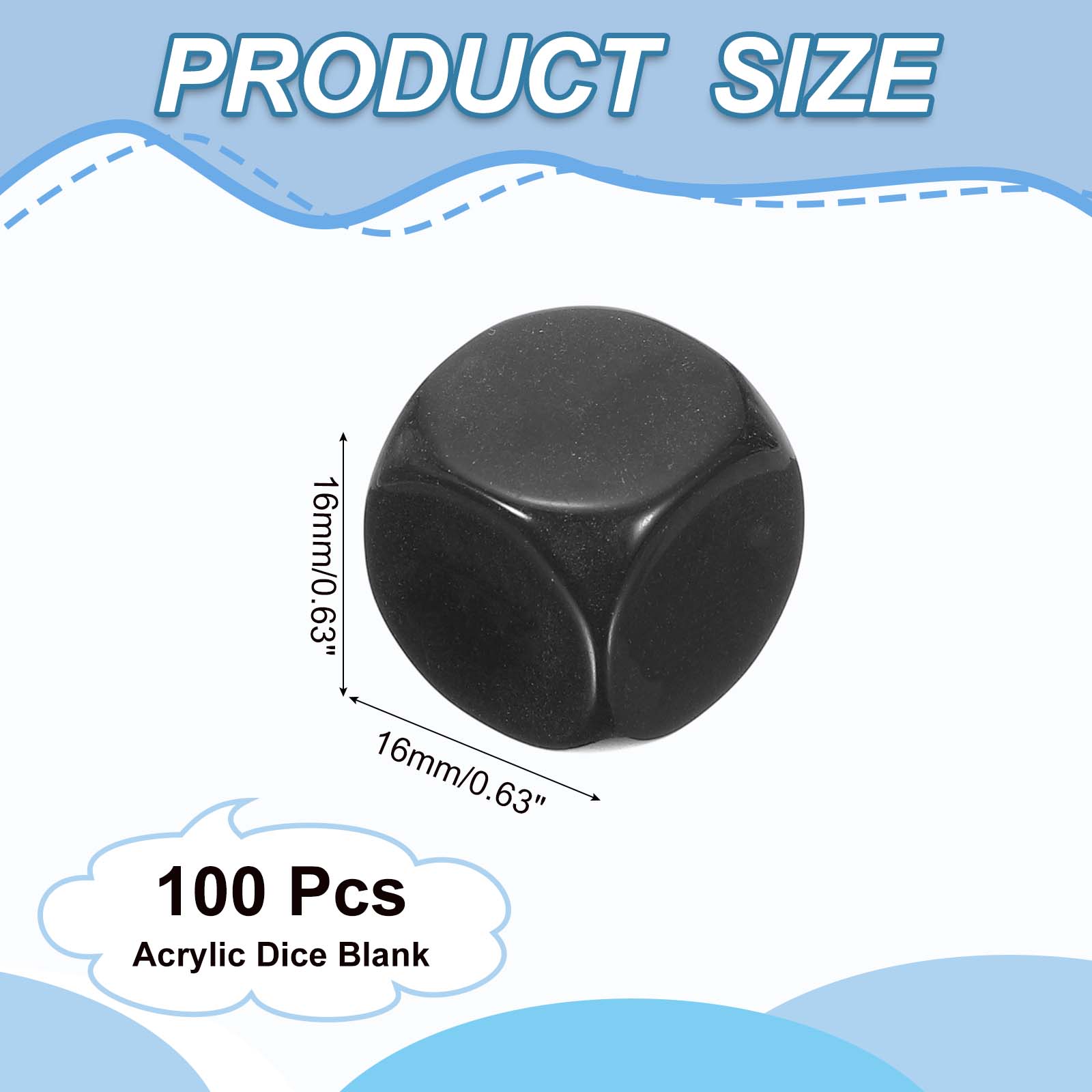 16 mm Acrylic Dice Blank, 100 Pcs Rounded Corner Blank Dice with Smoothed Surface Six Sided for Board, Black