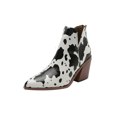 

jsaierl Women s Shoes Fashion Stitching Color Minimalistic Comfortable Cow Pattern High Heel Thick Heels Boots