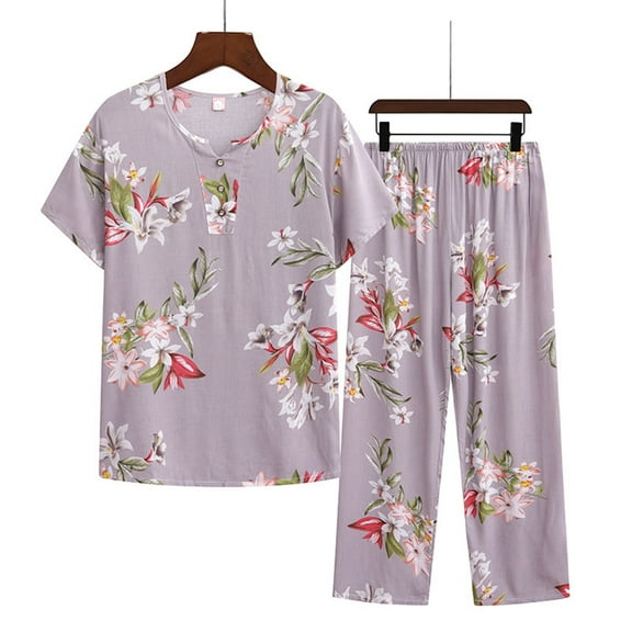 Njoeus Plus Size Pajama Sets for Women 2 Piece Sleepwear Short Sleeve Tops and Capris Pants Floral Print Summer Nightwear Women Pajama Sets XL-4XL（Imitation Cotton Linen）