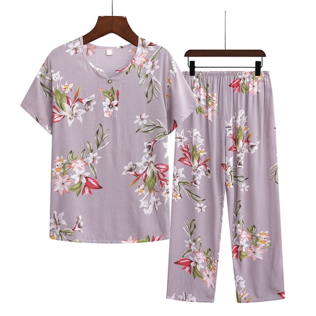 Mefallenssiah Femmes Été Deux Pièces Ensemble Manches Courtes Col Rond Pyjama Ensemble Imprimé tops Pantalons Ensemble
