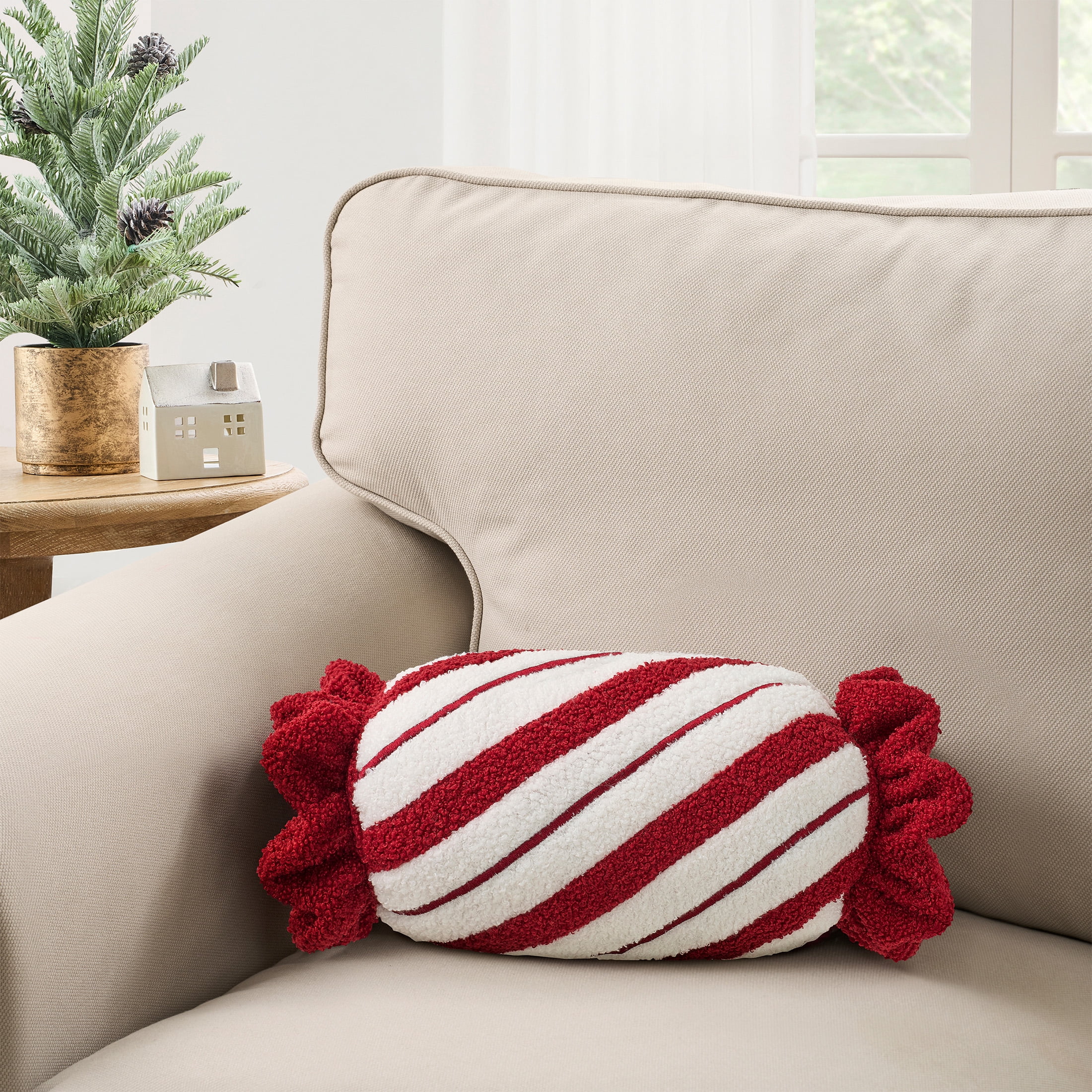 My Texas House 18" x 6" White/Red Candy Cane Bolster Decorative Pillow