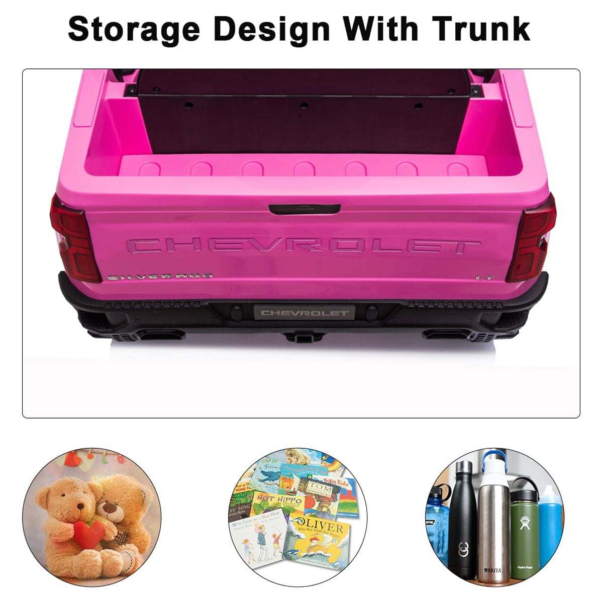 FUNTOK Licensed Chevrolet Silverado Kids Electric Ride on Toys,Battery Powered 12V Child Ride on Truck Car w/ Parent Remote Control and Storage Trunk, Pink