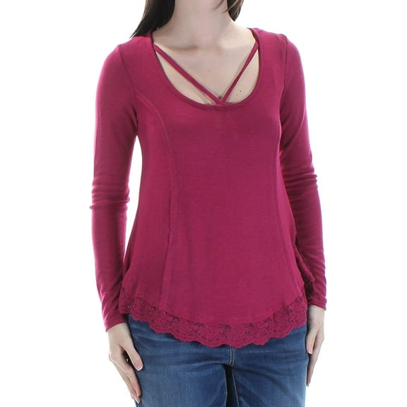Belle Du Jour Juniors Lace Trim Cage Front Top Red Plum XS