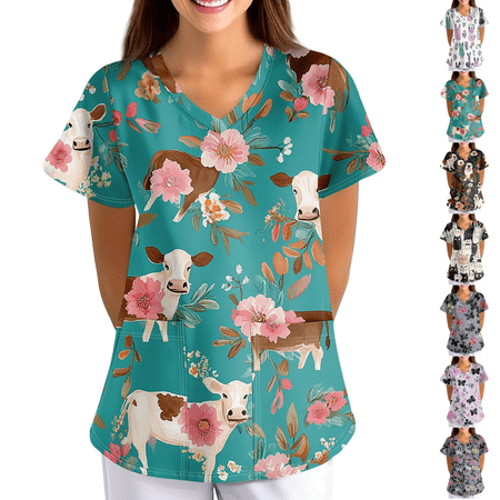Printed Scrubs for Women Nurse Vet Pediatric with Design Fit Plus Size Scrub Tops 2026 Spring Summer Scrub Shirts Turquoise S