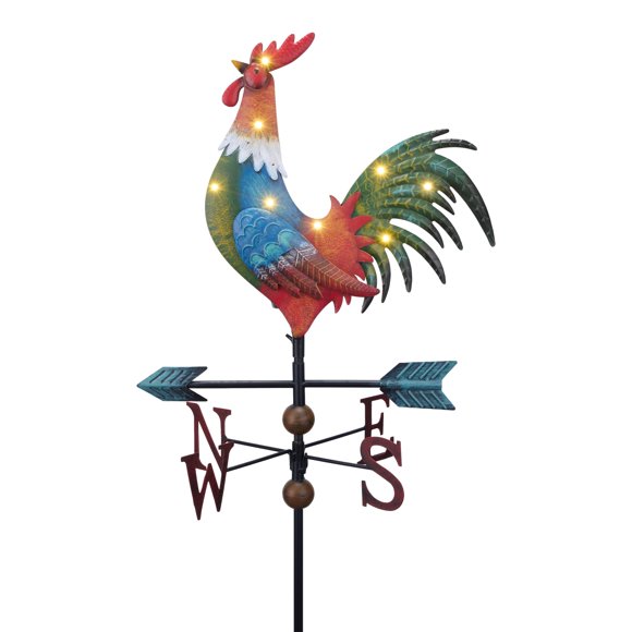 TERESA'S COLLECTIONS Garden Decor with Solar Outdoor Lights, Red Rooster Yard Art Sign for Outside, 39.4'' Metal Weathervane Decorative Gar