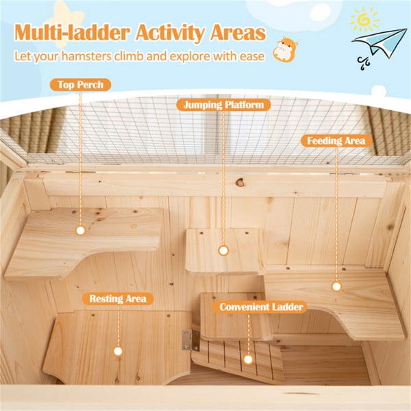 31.5 " Fir Wood Hamster Cage with Flip Mesh Roof, Multi-Level Activity Areas & Bottom Storage Shelf