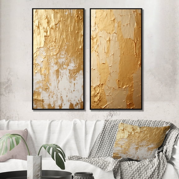 Designart "Gentle Prosperity Retro Gold Abstraction I" Abstract Painting Framed Wall Art Set Of 2 - Modern Gold Framed Canvas Set For Living Room Decor