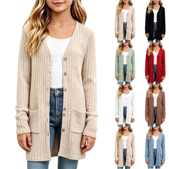 Tqyyweavej Girls Cardigan Lightweight Button Down Teen Knit Sweaters Long Sleeve Fall Winter Jacket with Pockets, Gifts for Girl 5-16Y