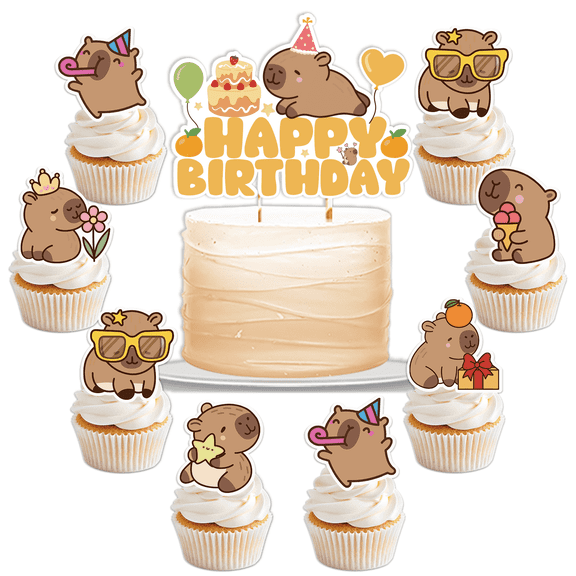 Singult Capybara Birthday Cake Decorations, Brown Party Set with 1 Cake Topper and 24 Cupcake Toppers