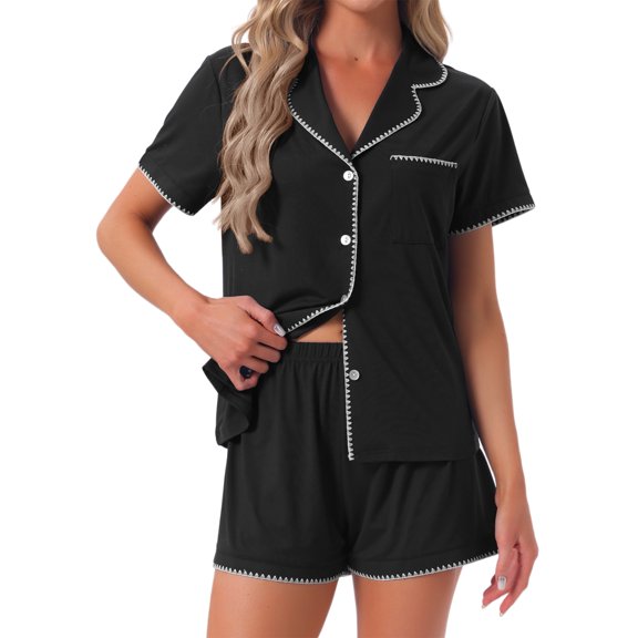 DARING DIVA Women's Pajama Sets Short Sleeves Comfy Button Up Tops and Shorts S Black