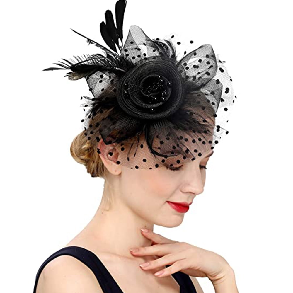 Cocktail Tea Party Fascinator Hat for Women Mesh Feathers Hair Clip Headwear with Veil Flower Bridal Hats for Girls Orange- Black, One Size 