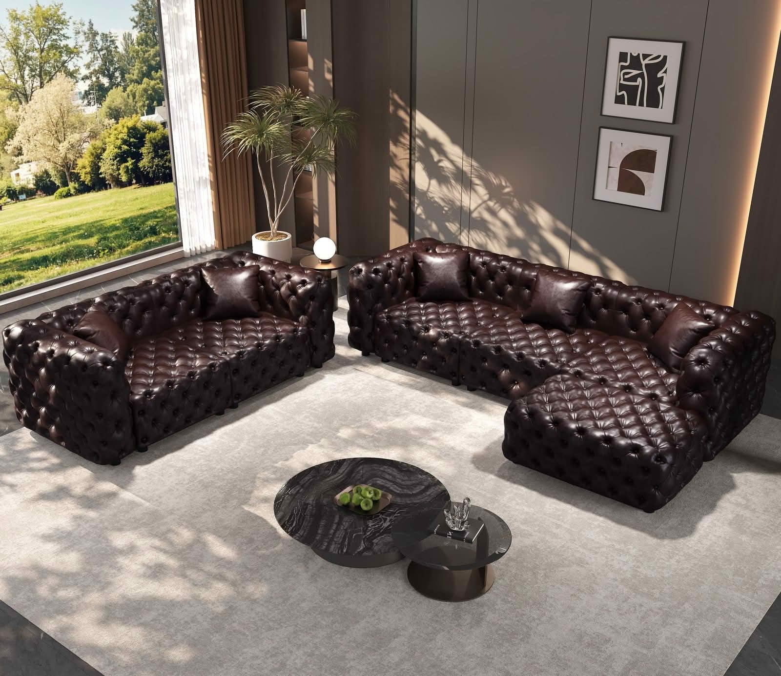 MAYEERTY 5‑Seat Faux‑Leather Modular Sofa Set, Handcrafted Button Tufted Couch with Ottoman & 5 Pillows for Living Room & Small Apartment