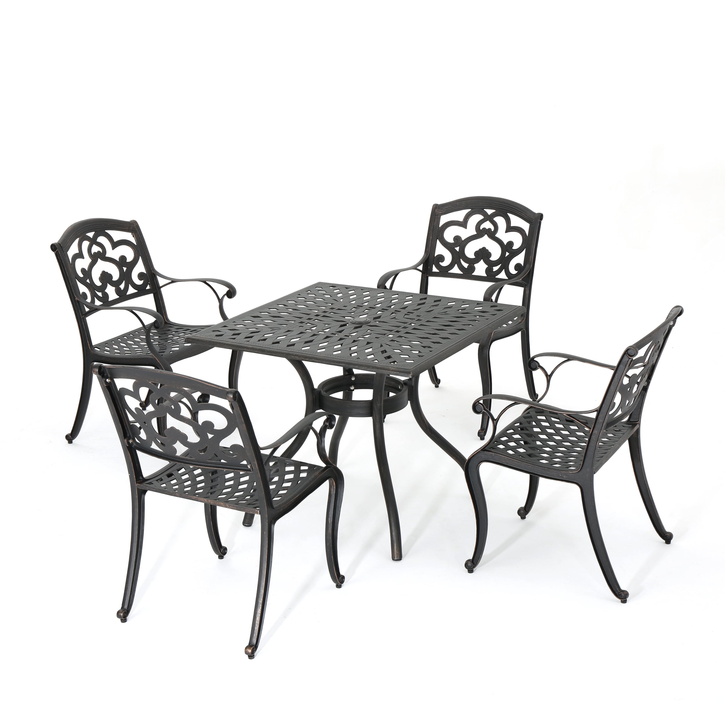 Atlanta Outdoor 5 Piece Cast Aluminum Square Dining Set, Shiny Copper Finish