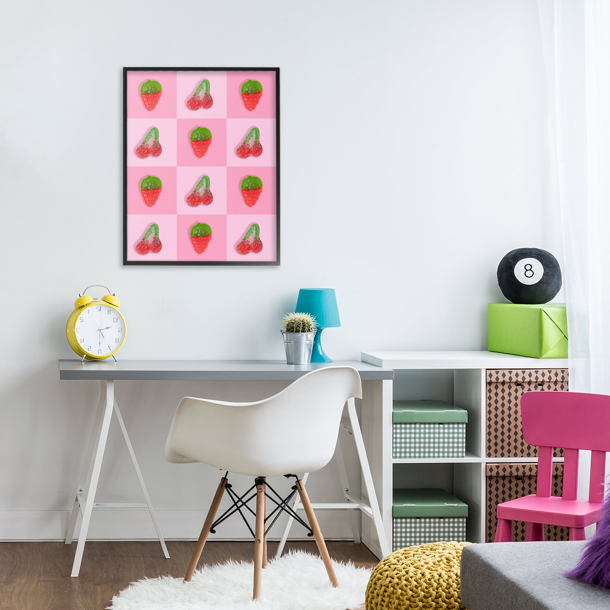 Stupell Industries Gummy Strawberry and Cherry Checkerboard Black Framed Giclee Art, design by LISH Creative