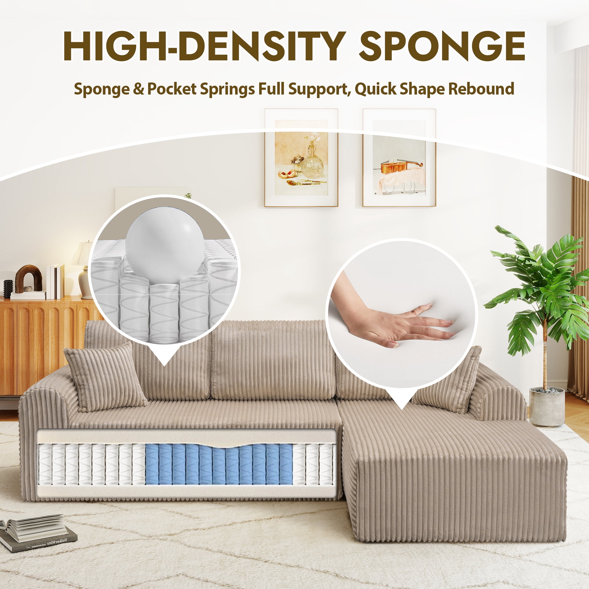 Aukfa 109" Modular Cloud Sectional Sofa with L-Shape Chaise, Corduroy Upholstered Deep Seat Couch, Right Facing Chaise, No Assembly Boneless Sofa for Living Room/Bedroom/Apartment, Camel