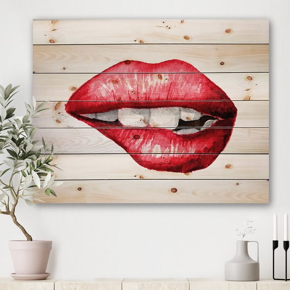 Designart 'Sexy Plump Puffy Girl Lips Biting' Modern Print on Natural Pine Wood