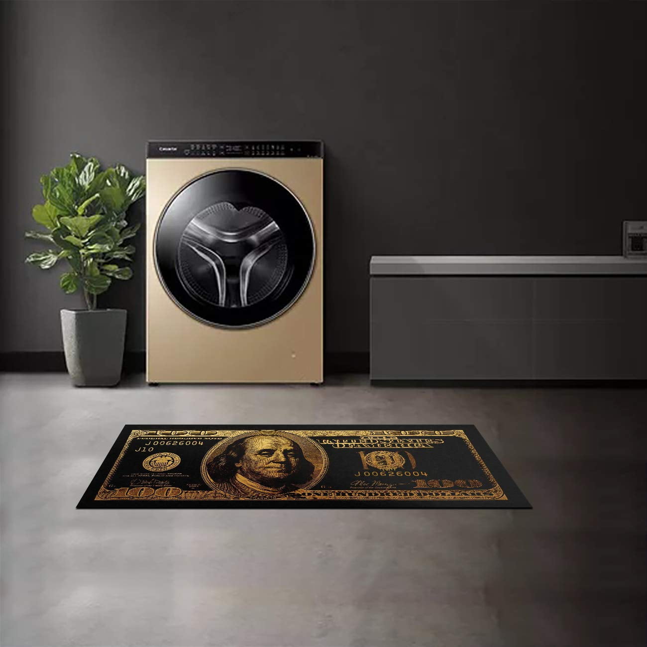 Black Gold Rugs 100 Dollar Bill Area Runner Money Rugs Nonslip Rubber Backed Laundry Room Rug Runner Floor Mat for Living Room Dining Room Washroom Bathroom Mudroom Kitchen Doormat Hallway 24"X71"
