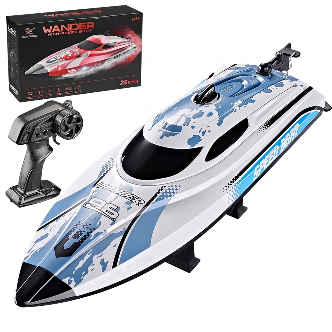 RC Speedboat HJ820 25 km/h Self-Righting LED Boat, White, 4 Batteries