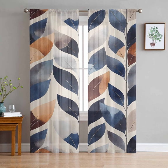 Navy Blue Burnt Orange Sheer Curtains 84 Inch Length 2 Panels Set for Living Room/Bedroom, Botanical Palm Leaf Abstract Semi Curtain Sheers Drapes Rod Pocket Curtains Window Treatment Set 52''x84''x2