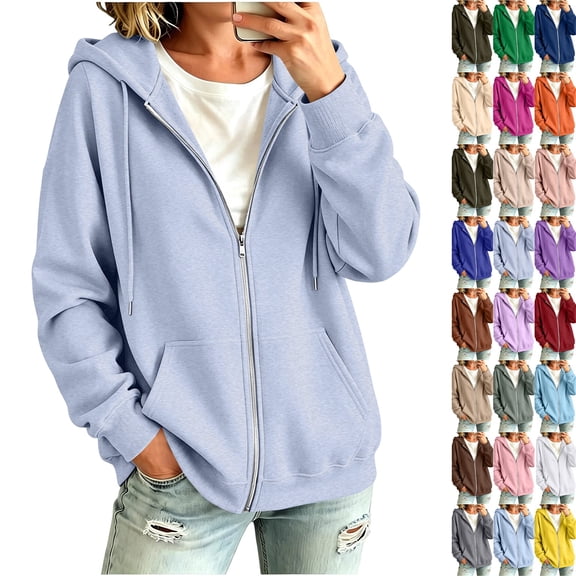 Oversized Zip Up Hoodie For Women Casual Long Sleeve Sweatshirts Fall Winter Track Jackets Light Blue S