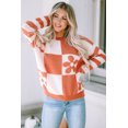 thumbnail image 1 of I AM A FASHION JUNKY Brown Checkered Floral Print Striped Sleeve Sweater, 1 of 8