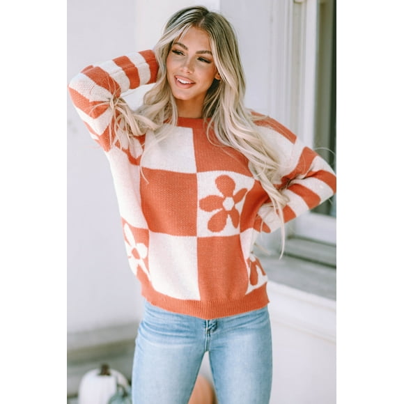 I AM A FASHION JUNKY Brown Checkered Floral Print Striped Sleeve Sweater