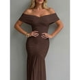 thumbnail image 5 of Coffee Brown Foldover Off Shoulder Ruched Cinched Waist Mermaid Evening Gown Slim Fit Party Dress, 5 of 8
