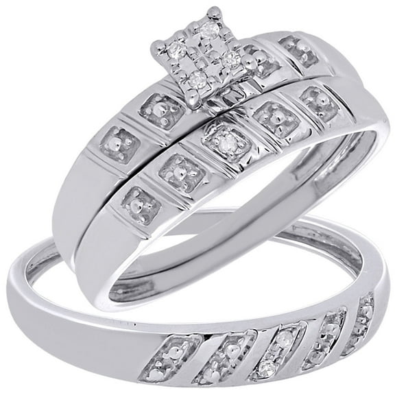 10K White Gold Diamond Trio Set Matching Engagement Ring Wedding Band 0.08 Tcw