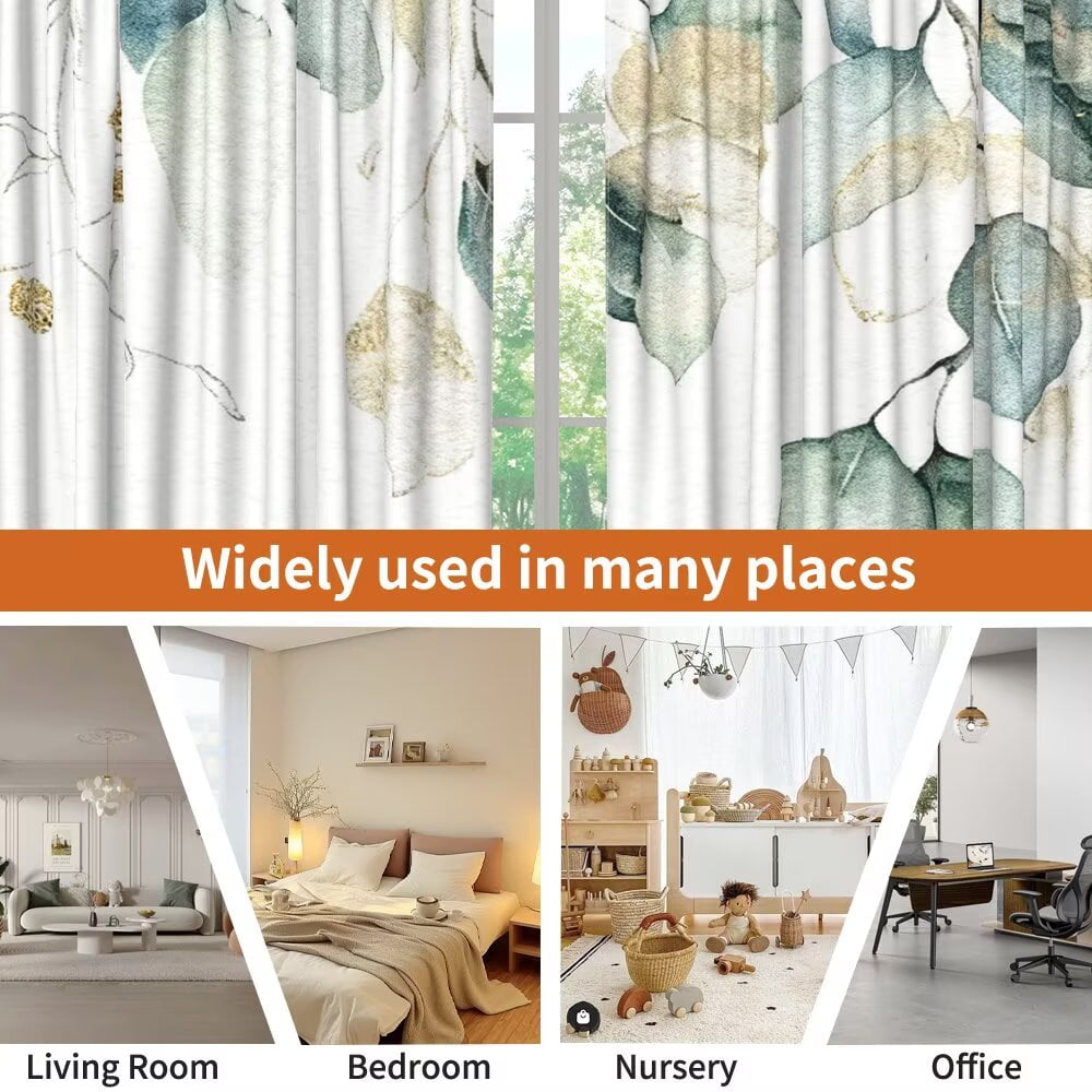 Lfeey Plant Printed White Curtains, Room Darkening for Bedroom Living Room Decor, Rod Pocket Design, 63 Inch Length, 2 Panels