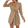 thumbnail image 2 of WTXUE Robes d'Uniforme, Blazer à Manches Longues Ligne A à Col en V, Automne Hiver Veste de Complet en Dentelle Plissée Robe Unie Falda Courte Mujer Blouson Mini Femme Grande Taille, Brun Taille m, 2 of 6