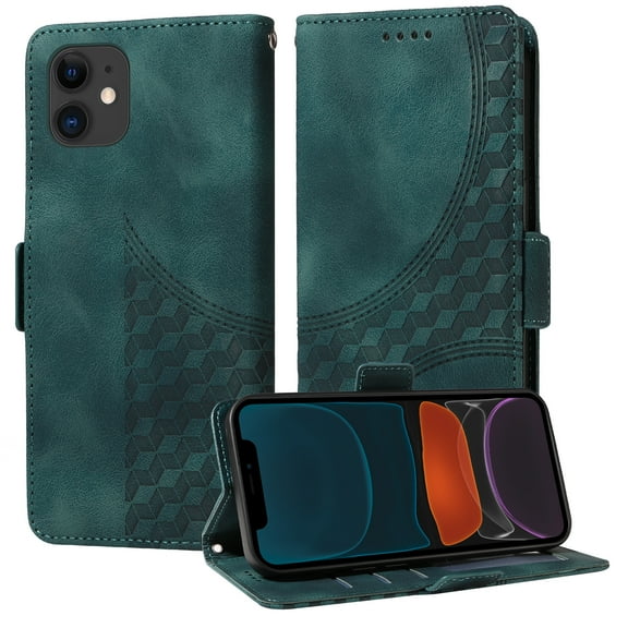 for iPhone 12 Pro / iPhone 12 6.1" Pattern Wallet Case, Magnetic Closure PU Leather Wallet Flip Case with Card Holder Kickstand Shockproof Purse Phone Cover with Wrist Strap, Green