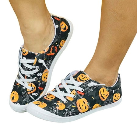 Oyedens Pumpkin Canvas Shoes Fun Skull Skeleton Design Low Top Fashion Walking Sneakers for Women