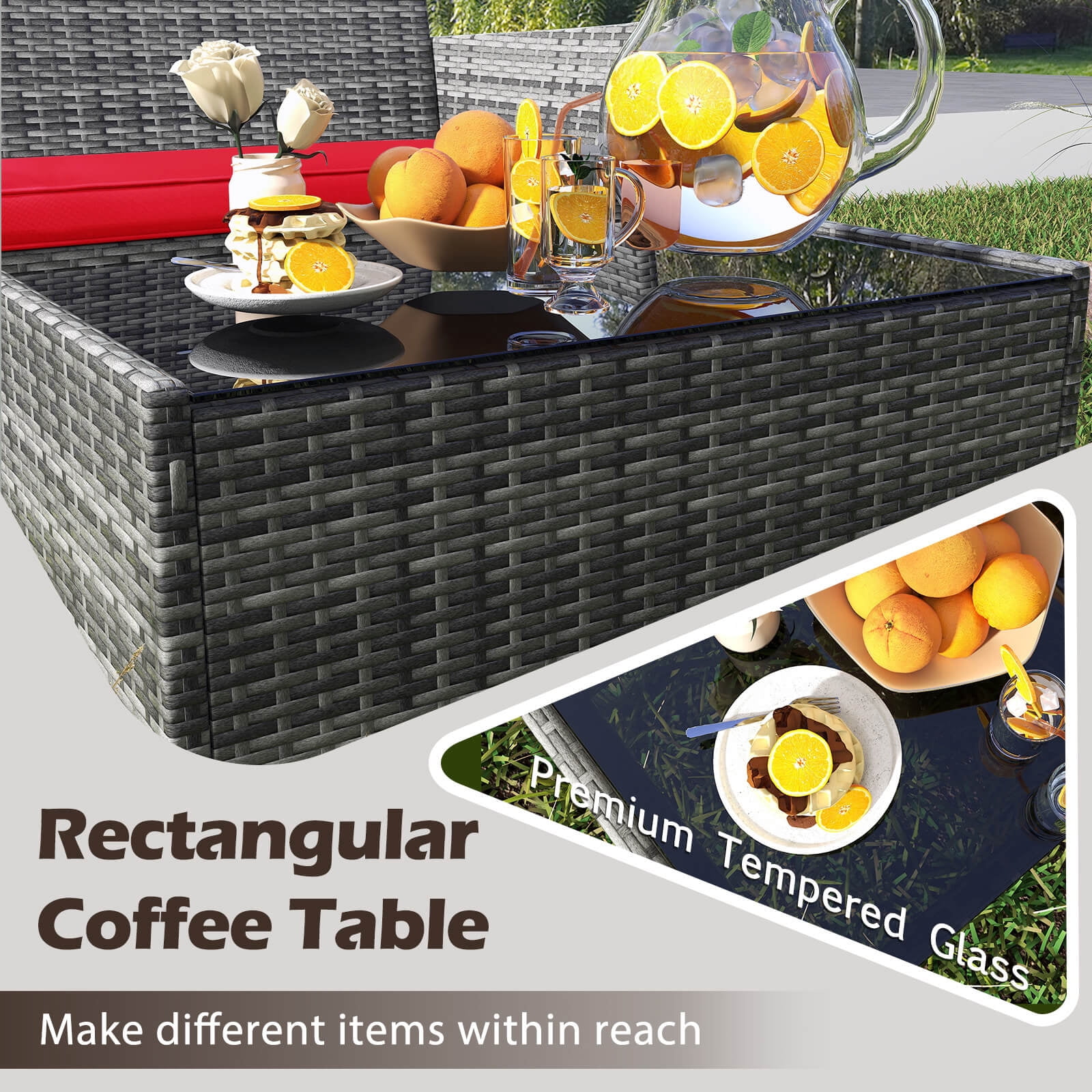 Costway 8 PCS Patio Furniture Set with Washable Cushions and Tempered Glass Coffee Table