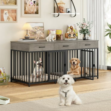 Homfa 70 inch Farmhouse Large Double Dog Crate Furniture with Removable Divider, 3 Drawers Lockable Dog Cage TV Stand for 2 Dogs Indoor, Gray