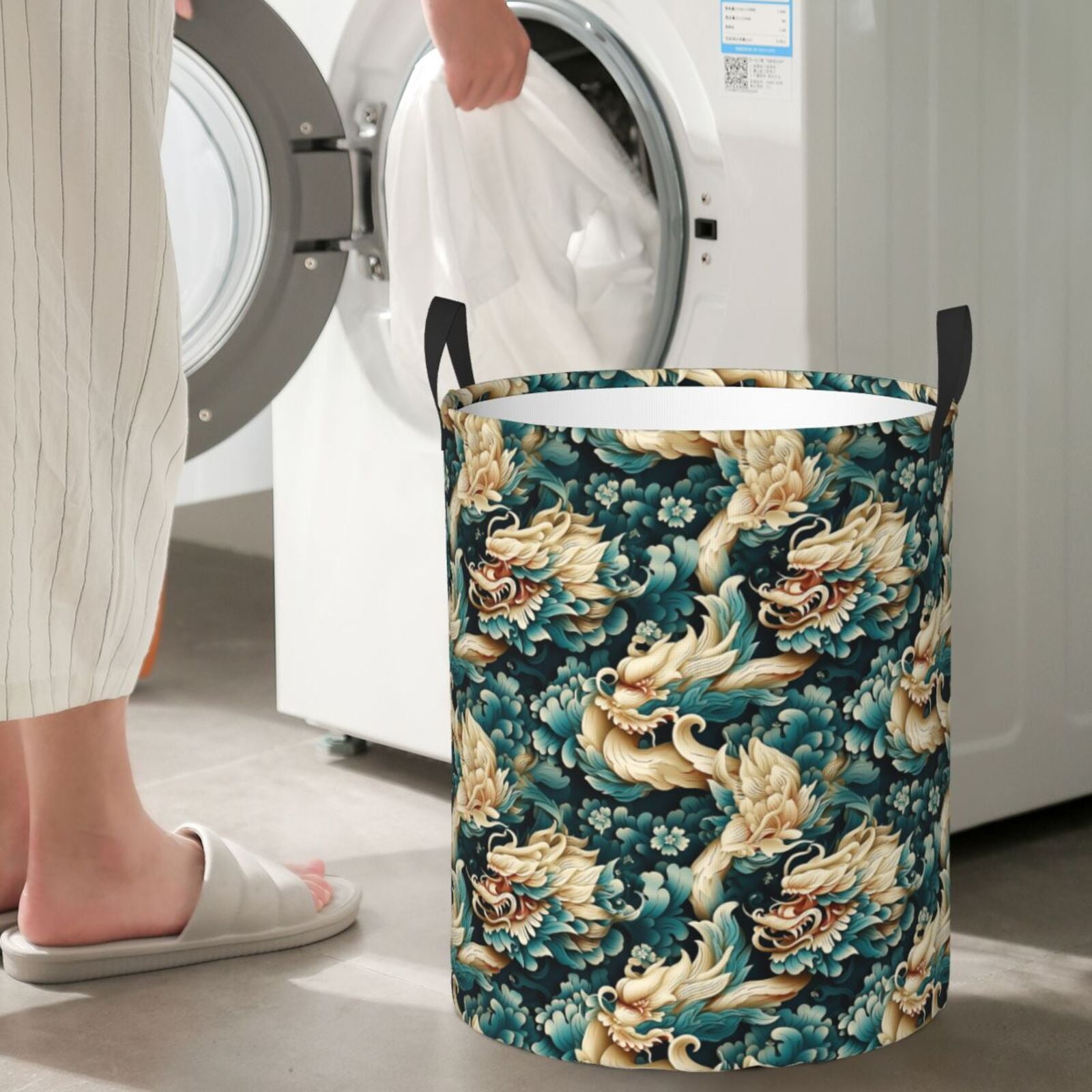 Large Laundry Basket with Handles - Traditional Clouds Dragon Kids Baby Dirty Clothes Laundry Hamper for Bedroom Aesthetic
