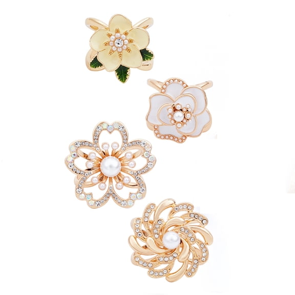 4 Pcs Flower Pearl Scarf Rings Buckle for Women Camellia Rhinestone Scarves Ring Clips Fashion Metal Shawl Clip Buckle