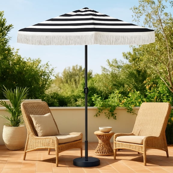 Punchau 6 Ft Black Fringe Patio Umbrella - Outdoor Umbrella for Patio, Pool, Table, Garden, & Deck, Push Button Tilt Pole - Fashionable Vintage Tassels - Striped Fringe