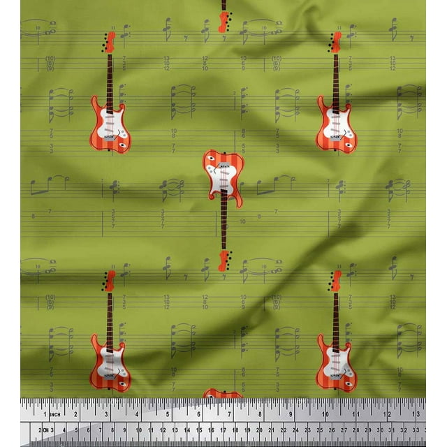 Soimoi Tissu Crêpe polyester Vert Notes & Guitare Instrument de Musique Imprimé Tissu au Mètre 52 Pouces de Large